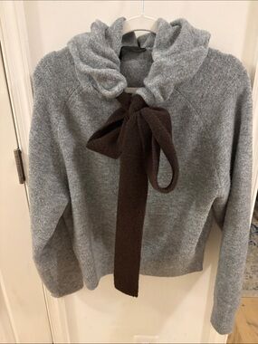 Zara Gray Knit Turtleneck Sweater with Brown Bow